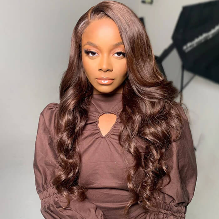 New Chocolate Brown Wig Body Wave 13x6 Full Lace Drawstring Wig Pre Plucked Natural Hairline 250% Density