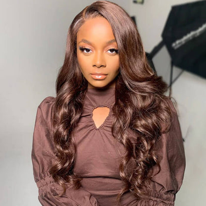 New Chocolate Brown Wig Body Wave 13x6 Full Lace Drawstring Wig Pre Plucked Natural Hairline 250% Density