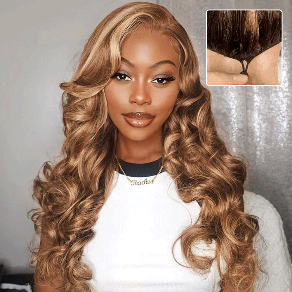 Pull & Go Glueless Wig Highlight 4/27 Honey Blonde Body Wave 13×6 HD Lace Wig Invisible Knots Natural Hairline