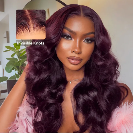 Black Cherry Curtain Bangs Body Wave Human Hair 8x5 Pre Cut Lace Glueless HD Lace Wigs  180% Density