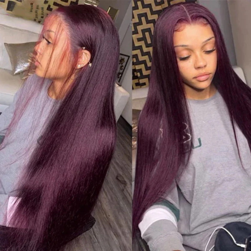 Black Cherry Dark Purple Sugar Plum  Straight 13x6 HD Lace Front Wigs Human Hair Wigs